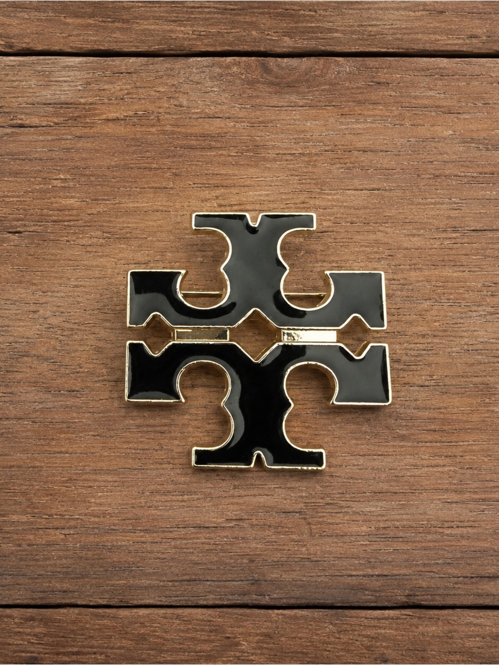 Tory Burch Black Enamel Gold-Tone Double T Logo Brooch Pin